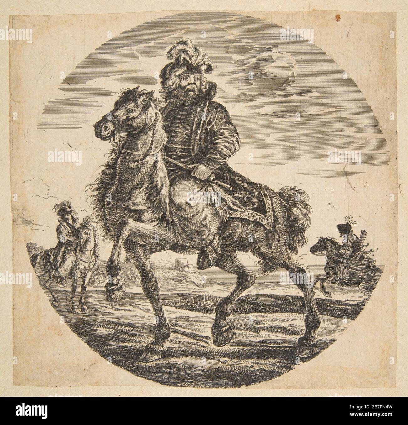 Cavaliere ungherese che corre verso sinistra, altri cavalieri sullo sfondo, una composizione circolare da 'Figure su Horseback' (Cavaliers n&[xe8;gres, polonais et hongrois).n.d. Foto Stock