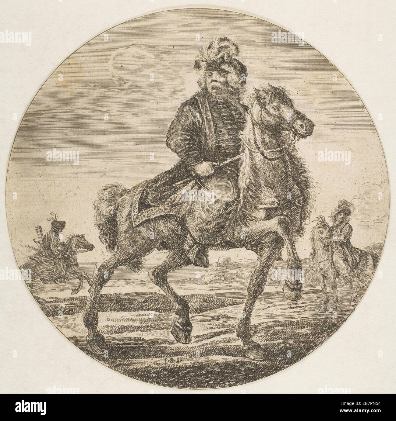 Cavaliere ungherese che corre verso destra, altri cavalieri sullo sfondo, una composizione circolare da 'Figure su Cavaliers' (Cavaliers n&.xe8;gres, polonais et hongrois), ca. 1651. Foto Stock
