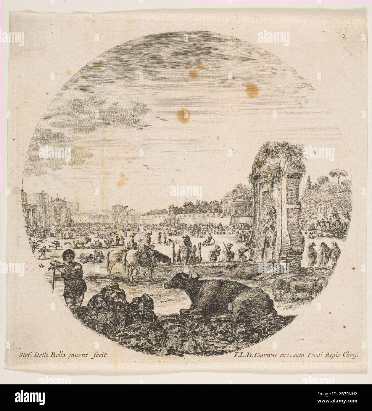 Piatto 2: Campo Vaccino, un bufalo e due pastori al centro, il Fontanone a destra nel terreno centrale, vari animali e persone sullo sfondo, da 'paesaggi e rovine romane' (Paysages et ruines de Rome), ca. 1646. Foto Stock