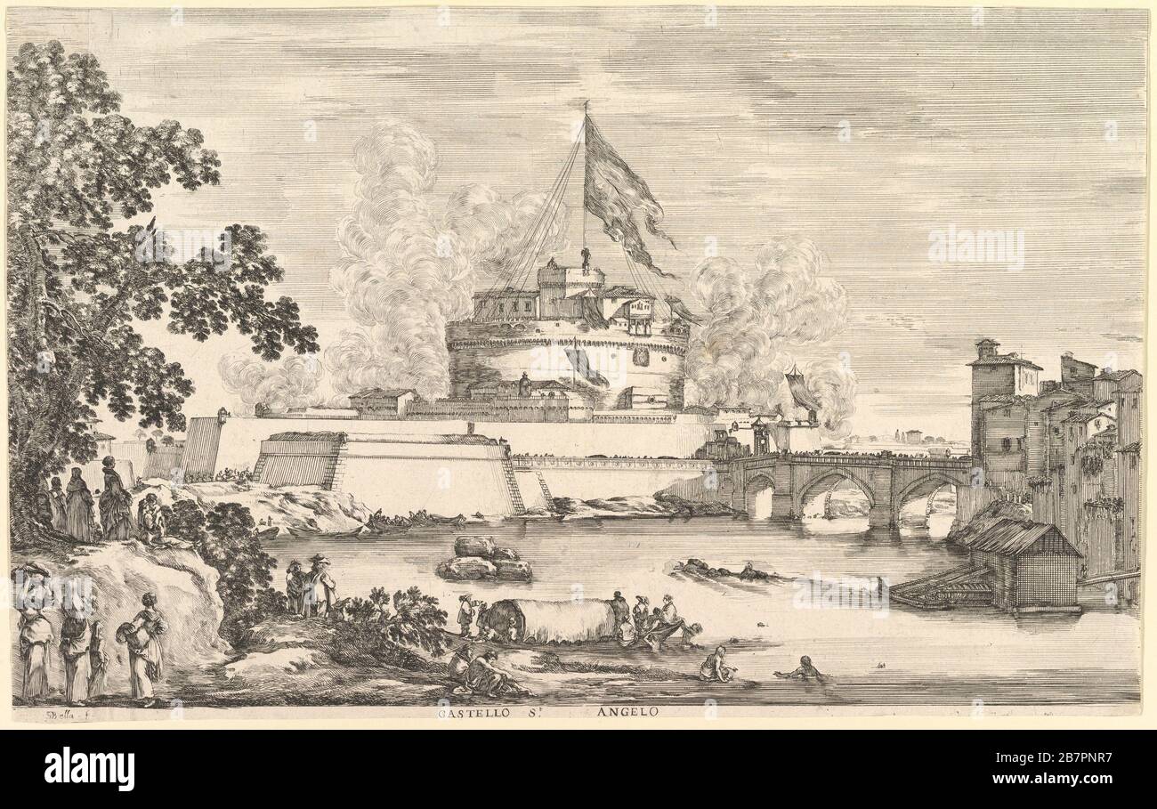 Vista del Tevere, un grande albero a sinistra, due gruppi di donne a sinistra in primo piano, un ponte che conduce al Castello Sant'Angelo a sinistra, sopra il quale si erge una grande bandiera, nuvole di gunsmoke a destra e a sinistra del castello, ca. 1656. Foto Stock