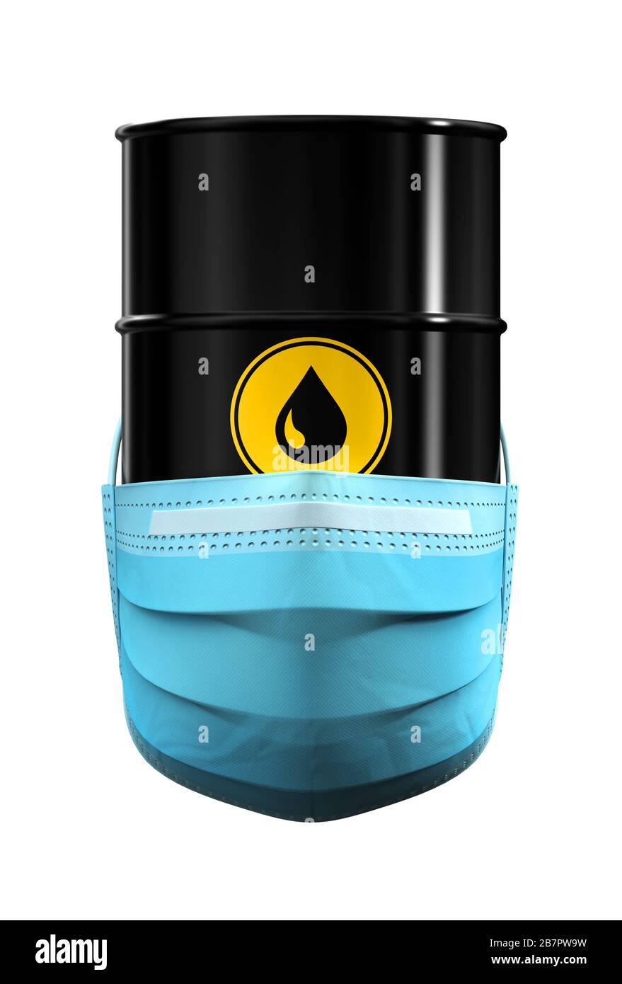 Barile di olio in maschera medica su sfondo bianco Foto Stock