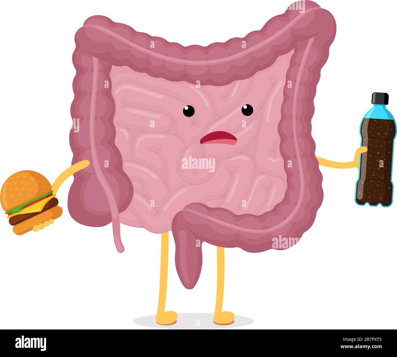 Triste personaggio intestino malato con bottiglia di soda e hamburger. Cavità addominale digestivo ed escrezione organo umano interno malsano. Cattiva nutrizione cibo veloce indigestione concetto vettore piatto illustrazione Illustrazione Vettoriale