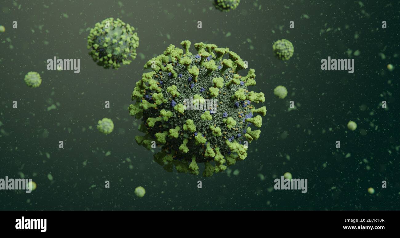Contagioso COVID-19 Corona influenza Virus molecole galleggianti in particelle verdi - nCOV Coronavirus epidemia pandemica 3D Illustrazione Foto Stock