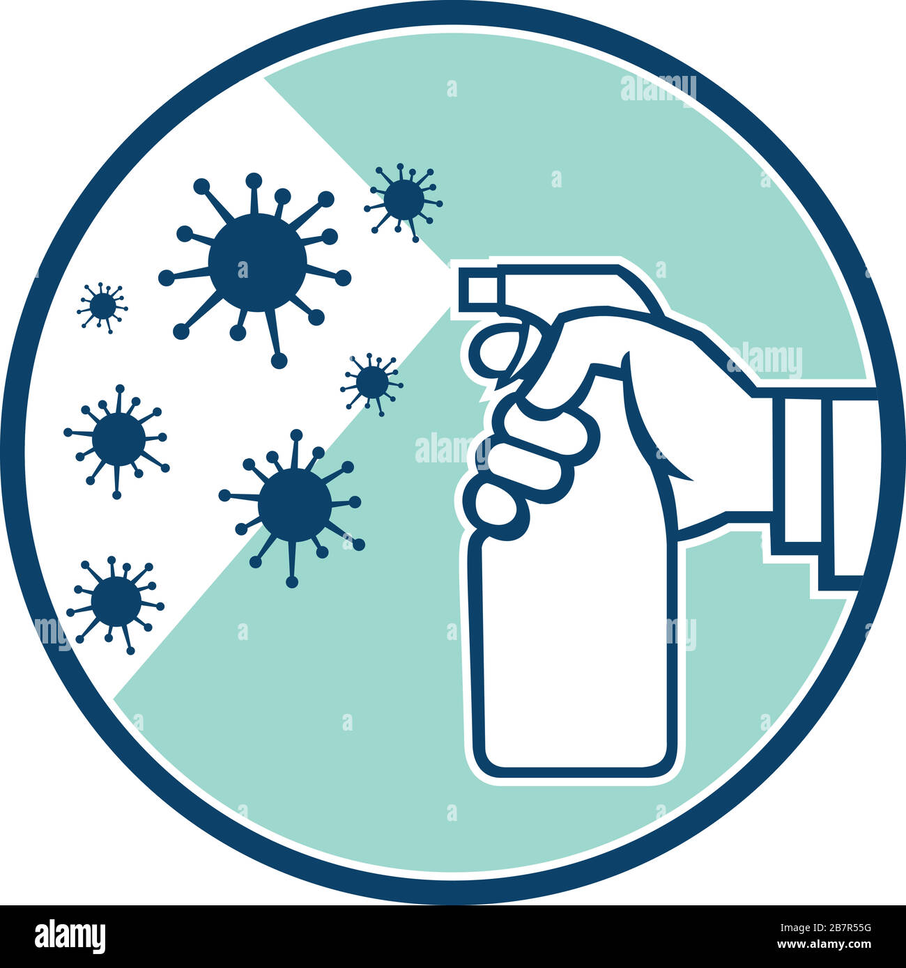 Icona retro illustrazione di un disinfettante spray spray a mano su cellule microscopiche per coronavirus, COVID-19 o virus influenzale posta all'interno del cerchio su Illustrazione Vettoriale