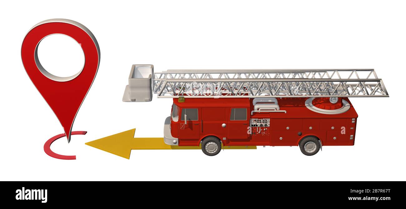 il camion del fuoco si muove verso l'indicatore di mappa. rendering 3d Foto Stock
