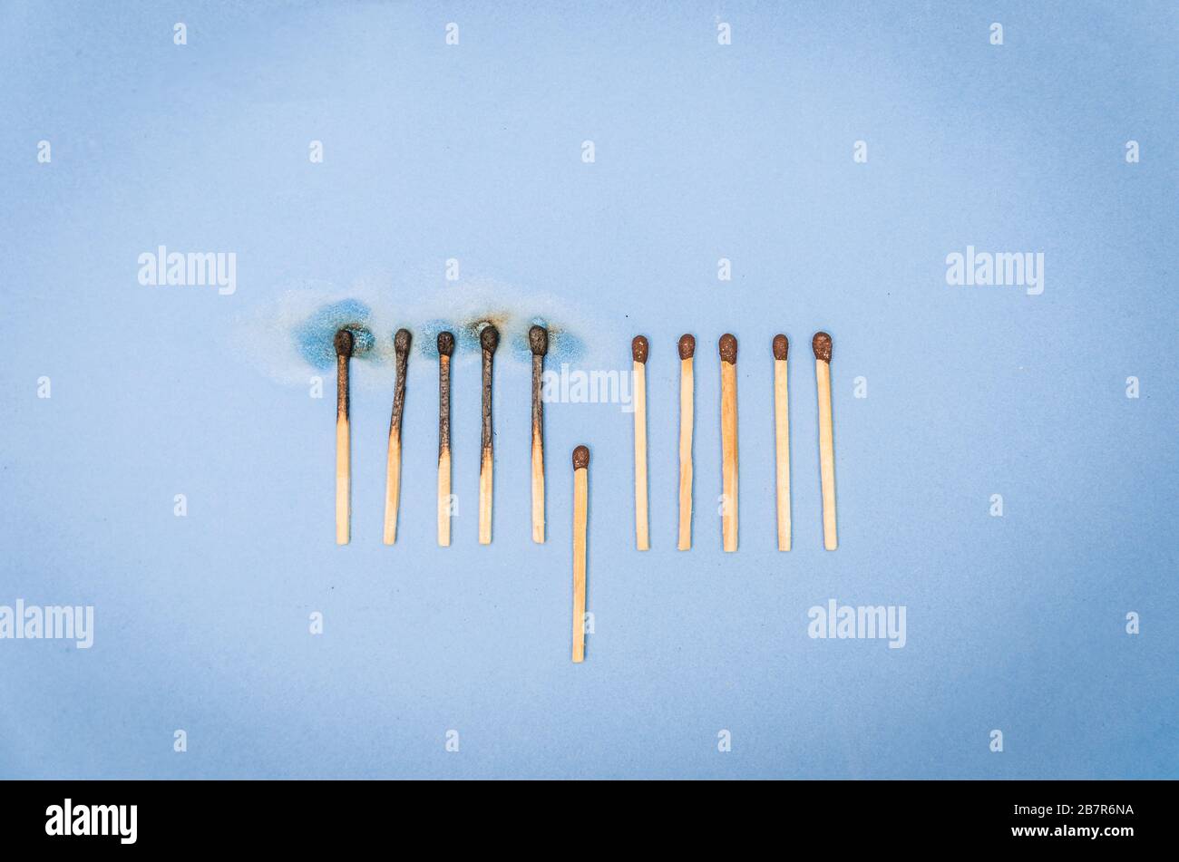 I fiammiferi bruciano, un pezzo impedisce che il fuoco si diffonda - il concetto di come fermare il coronavirus dalla diffusione. Concetto per fermare il contagio o Foto Stock