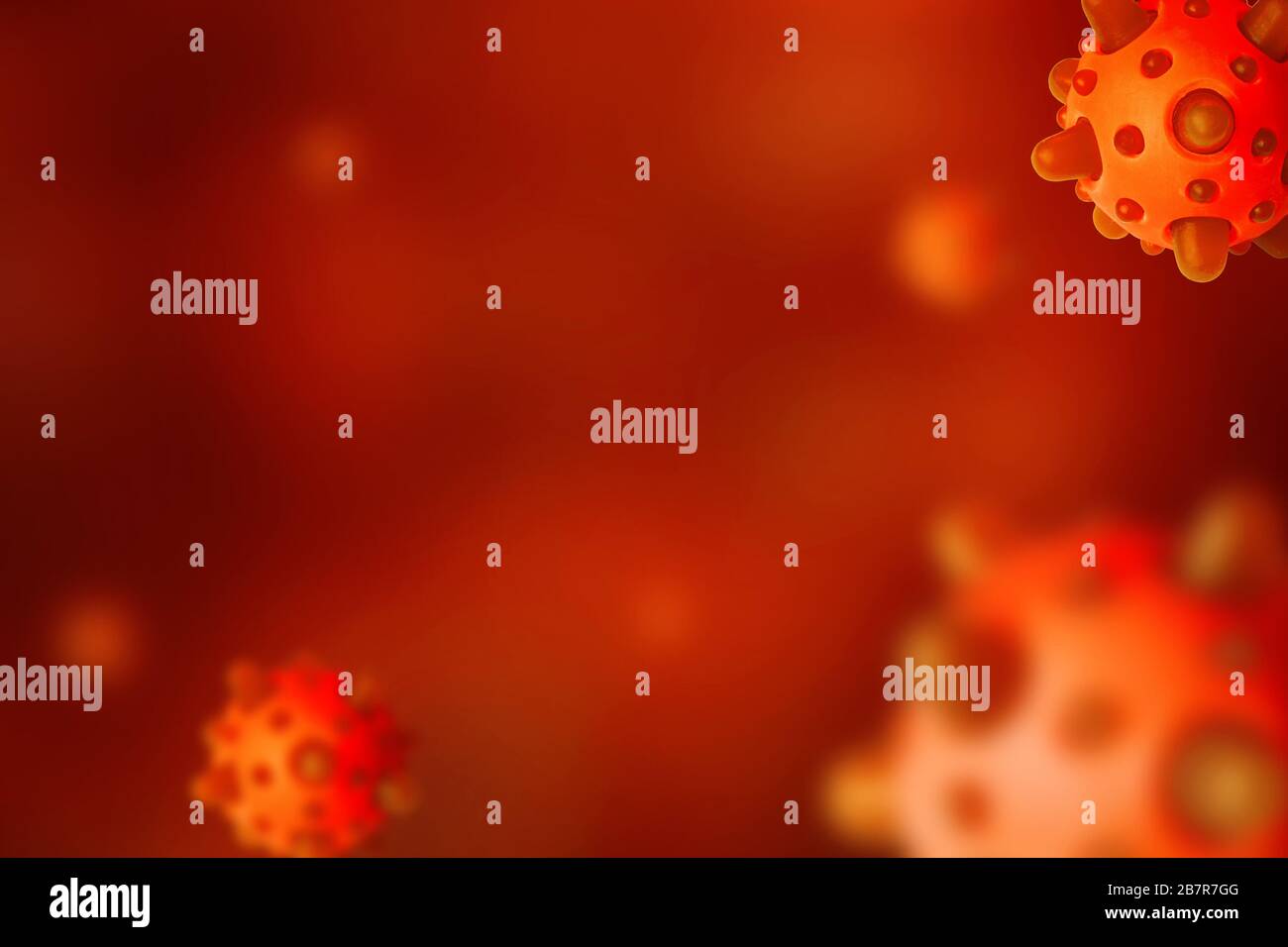 COVID-19 o fondo di coronavirus influenzale, SARS-cov-2 corona virus sotto microscopio, illustrazione 3d. Epidemia di coronavirus e pandemia. Virologia a Foto Stock