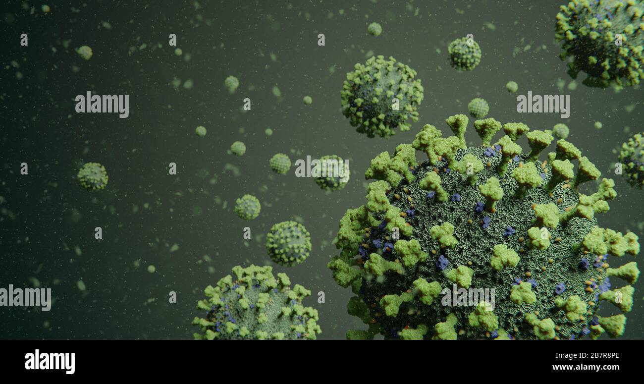 Cluster contagioso di COVID-19 Corona influenza Virus Molecules Floating in Green Particles - Microscopic Abstract - nCOV Coronavirus Pandemic Foto Stock