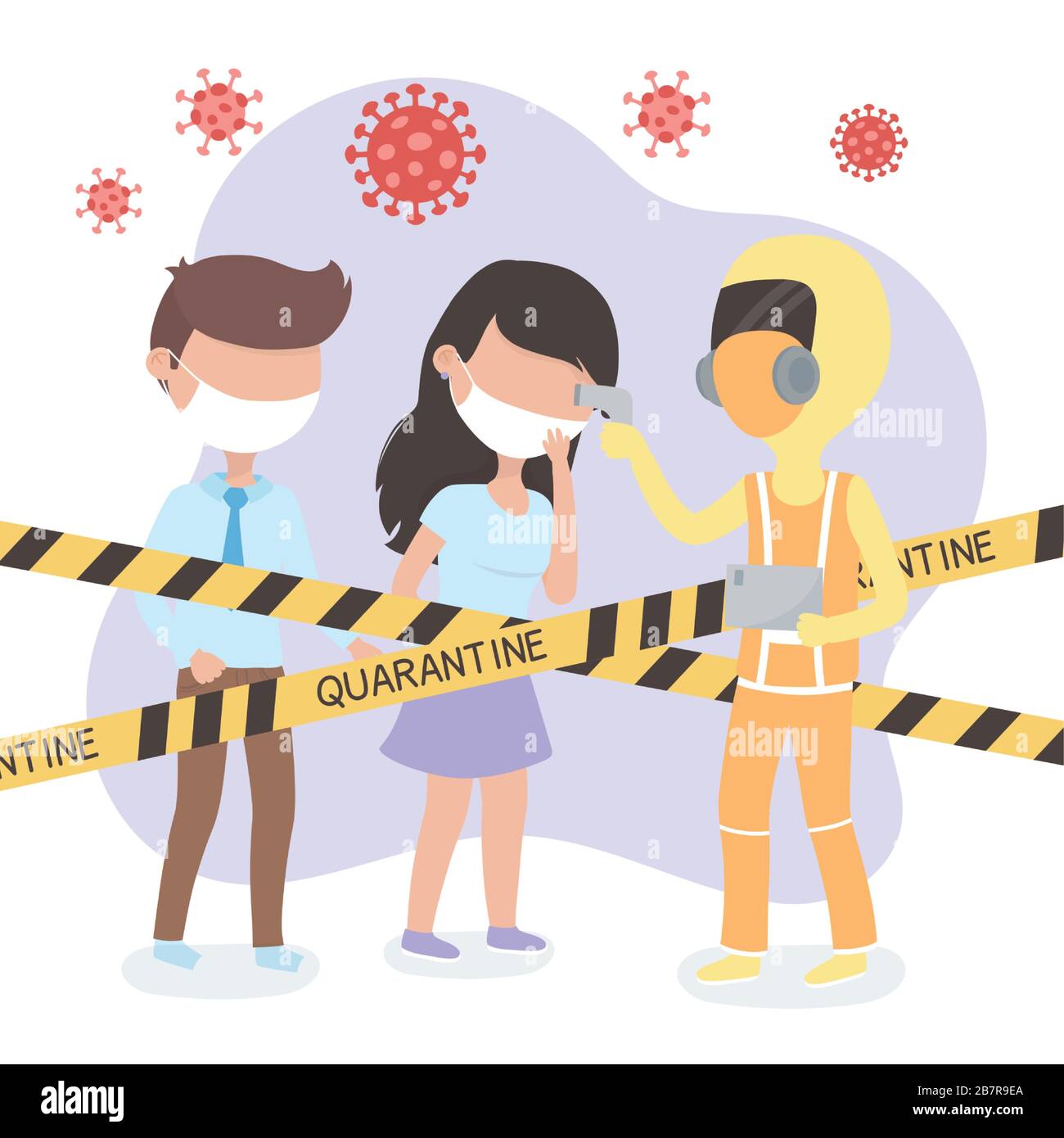 virus covid 19 quarantena, uomo e donna personale medico tuta protettiva e scansione temperatura corporale vettore illustrazione Illustrazione Vettoriale