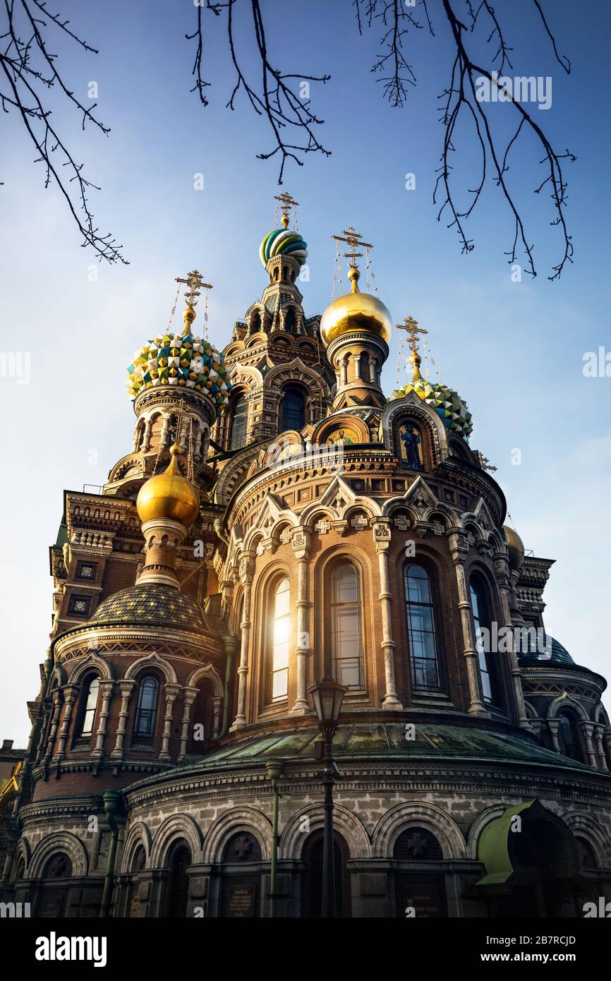 La cupola e le croci della Chiesa del Salvatore sul Sangue versato a San Pietroburgo, Russia Foto Stock