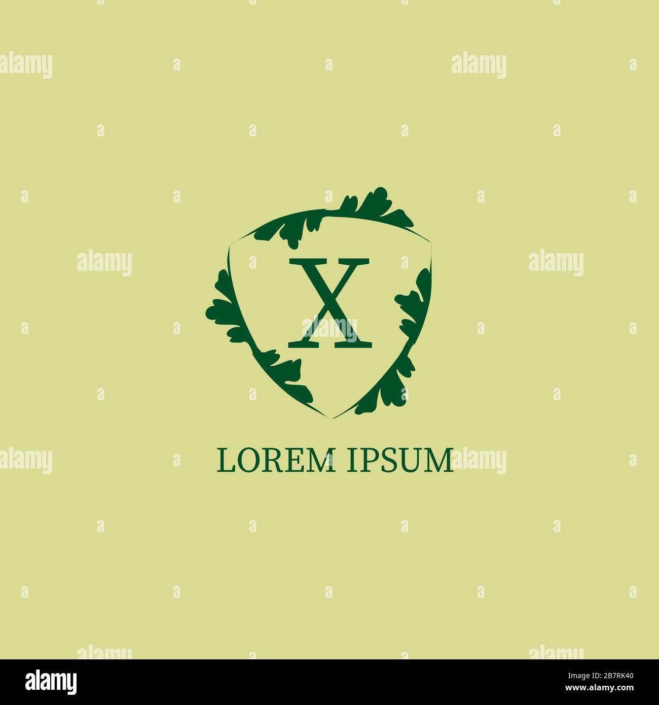 Modello con logo alfabetico lettera X isolato di colore verde beige. Illustrazione decorativa del segno dello scudo floreale. Nature Guard, logo Security Illustrazione Vettoriale