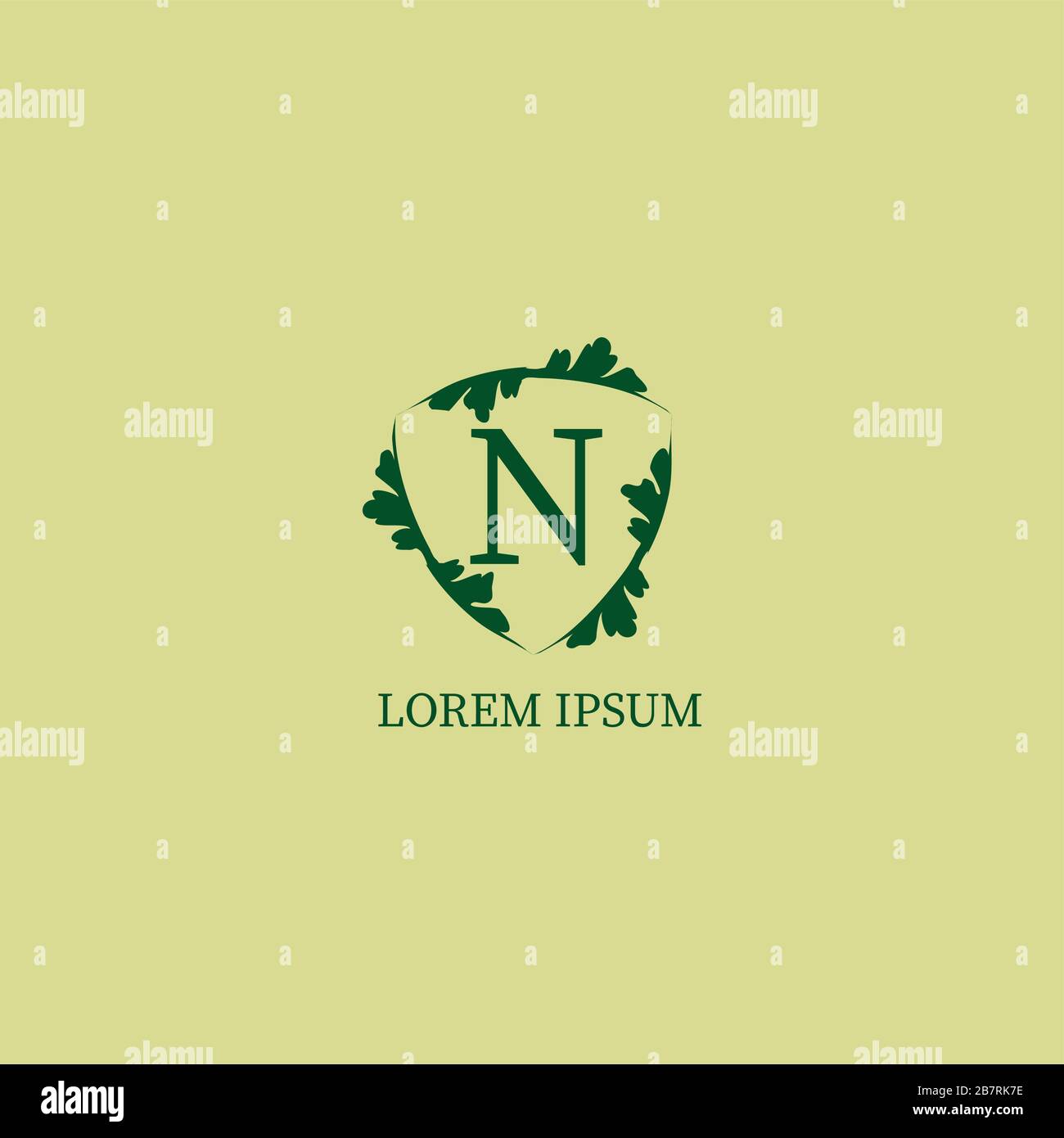 Modello con logo lettera N alfabetico isolato di colore verde beige. Illustrazione decorativa del segno dello scudo floreale. Nature Guard, logo Security Illustrazione Vettoriale