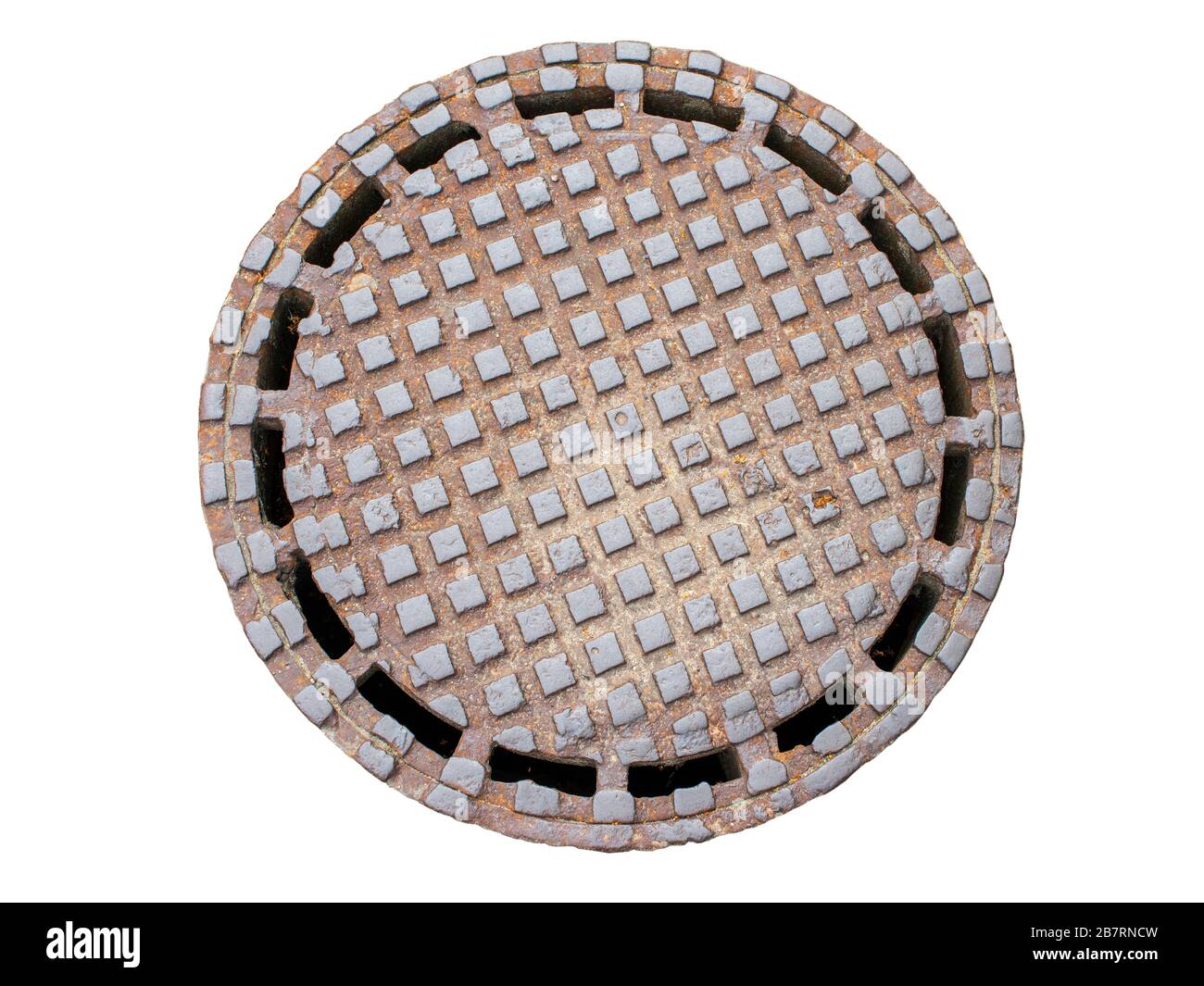 botola di drenaggio metallizzata isolata su sfondo bianco Foto Stock