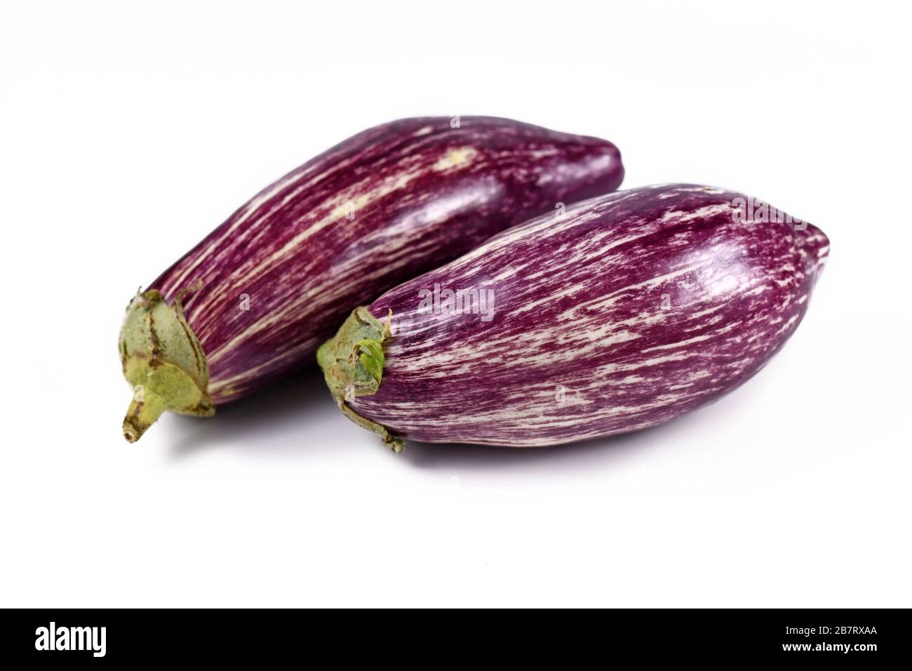 'Graffiti Eggplant', variante a forma di goccia con striatura di viola con pelle bianca avorio isolata su fondo bianco Foto Stock