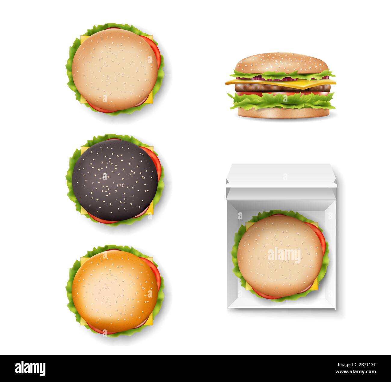Set di hamburger realistico vista dall'alto e laterale isolato. Fast Food hamburger mockup. Contenitore bianco con delizioso hamburger nero. Vettore Illustrazione Vettoriale