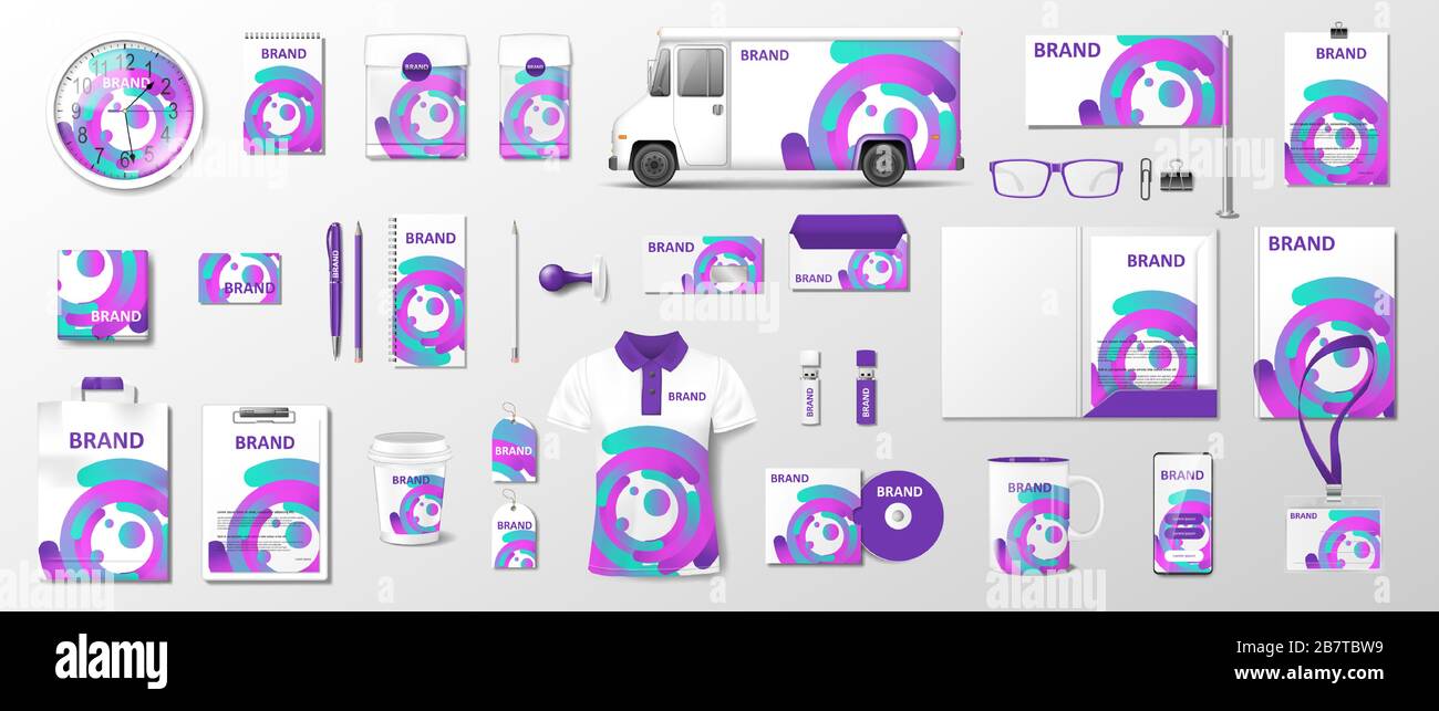 Modello di identità aziendale con colore viola astratto liquido. Realistic Business Stationery Documentation mockup con design geometrico per il vostro marchio Illustrazione Vettoriale