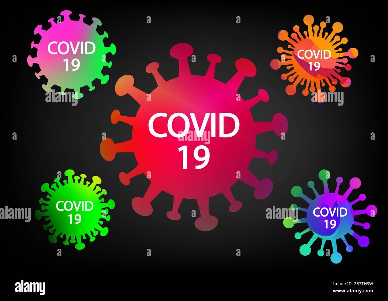 Colorate icone dei virus di Covid-19 e simbolo su nero, arte vettoriale Illustrazione Vettoriale