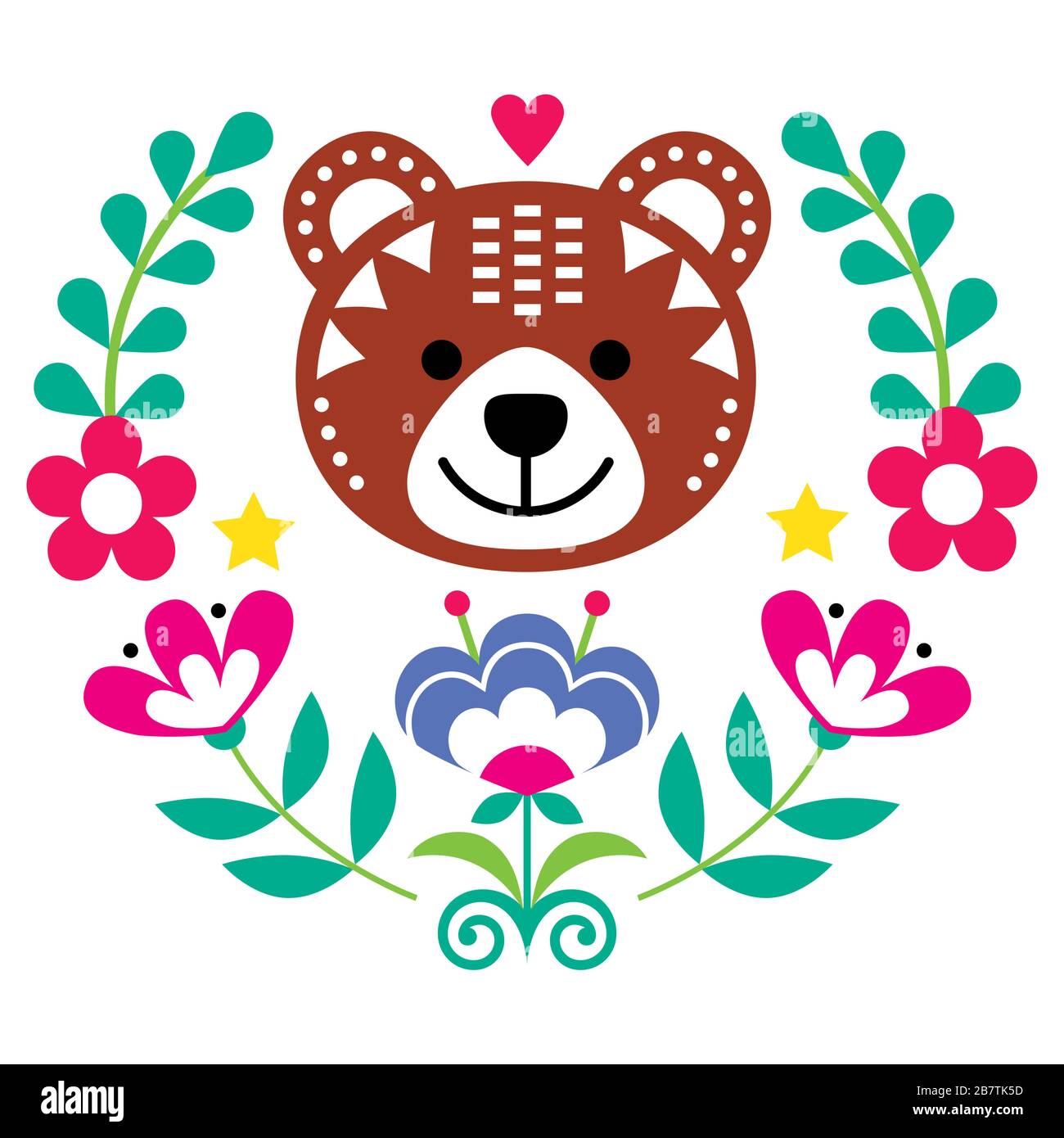 Orso scandinavo arte folk motivo rotondo con fiori e corona, biglietto di auguri floreale nordico o invito ispirato al ricamo tradizionale Illustrazione Vettoriale