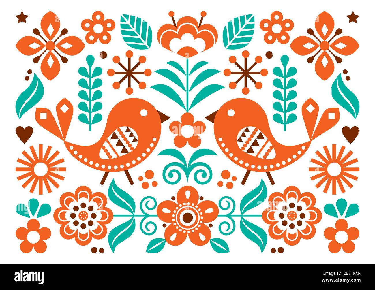 Scandinavian folk art vettoriale cute motivo floreale, biglietto d'auguri o invito A7 formato design con uccelli, fiori ispirati al ricamo tradizionale Illustrazione Vettoriale