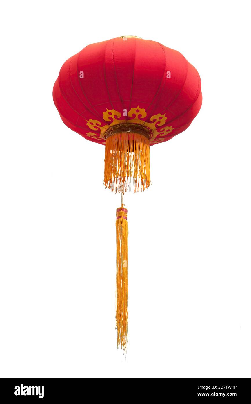 Lanterne rosse in tessuto fatto a mano isolate su sfondo bianco per il nuovo anno cinese in una chinatown Foto Stock