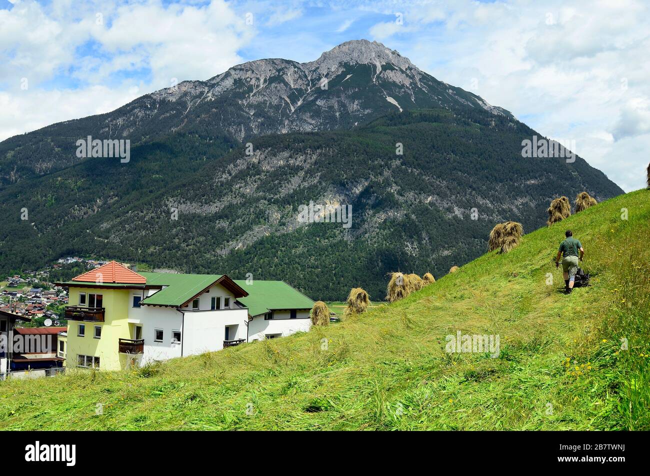 Austria, Tirolo, agricoltore non identificato mediante raccolta manuale del fieno Foto Stock