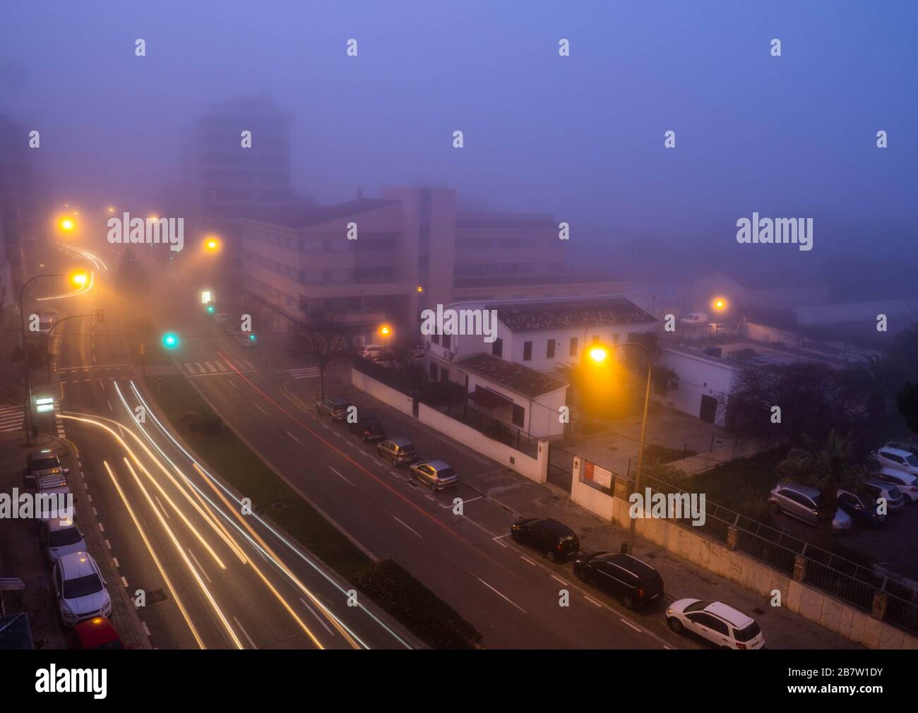 Vista notturna sulla strada urbana con fitta nebbia, semafori e percorsi per semafori Palma, Maiorca, Spagna, 14 febbraio 2020 Foto Stock