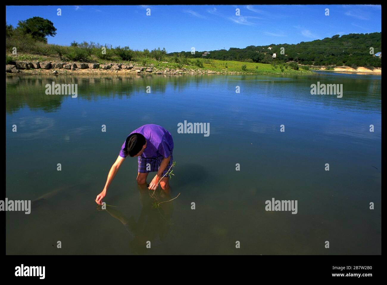 Gli studenti testano la qualità dell'acqua nel lago del Texas. ©Bob Daemmrich Foto Stock