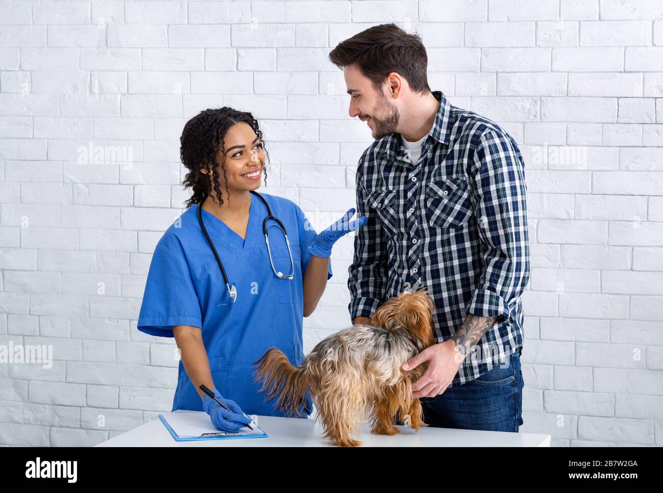 Veterinario africano americano doc con cliente e simpatico doggy in ospedale animale Foto Stock