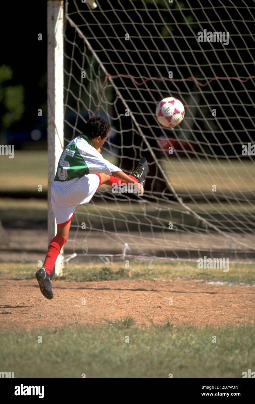 Austin, Texas USA: Il giovane calciatore maschio calcia la palla nella rete di gol durante il torneo internazionale della lega della gioventù. ©Bob Daemmrich Foto Stock Austin, Texas USA: Il giovane calciatore maschio calcia la palla nella rete di gol durante il torneo internazionale della lega della gioventù. ©Bob Daemmrich Foto Stock