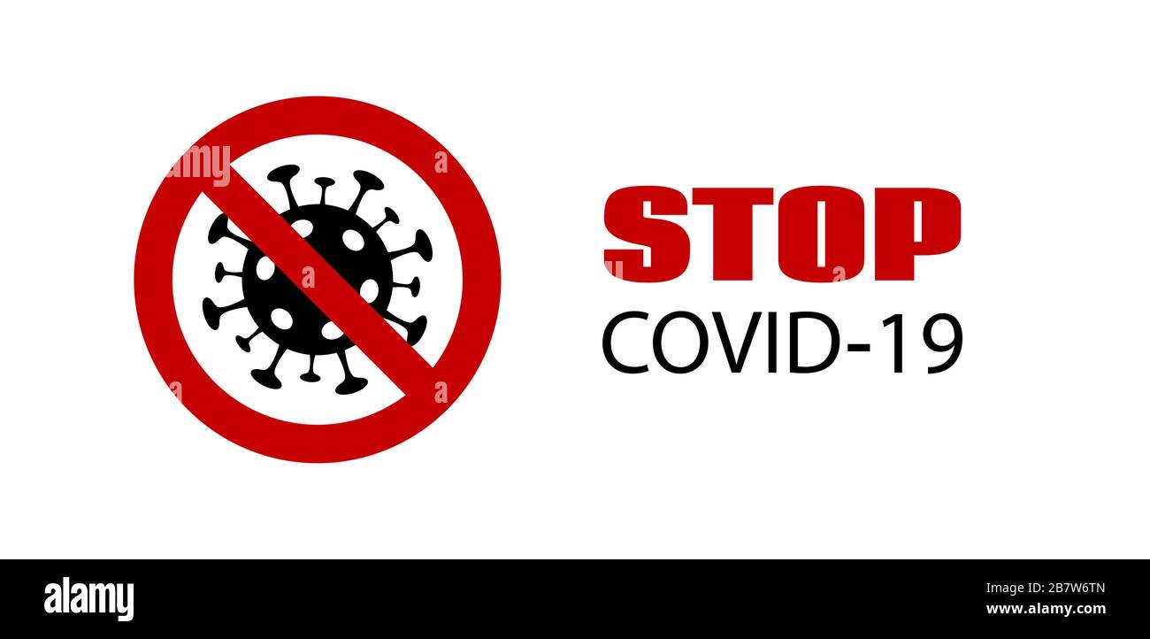 Arrestare COVID-19. Banner vettoriale. Segno di attenzione per coronavirus Illustrazione Vettoriale