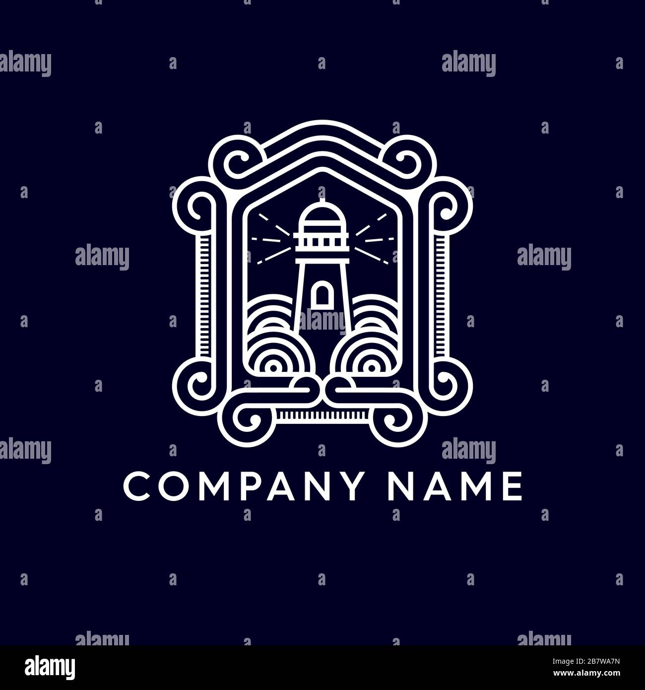 Light House con cornice decorativa con logo mono line Foto Stock