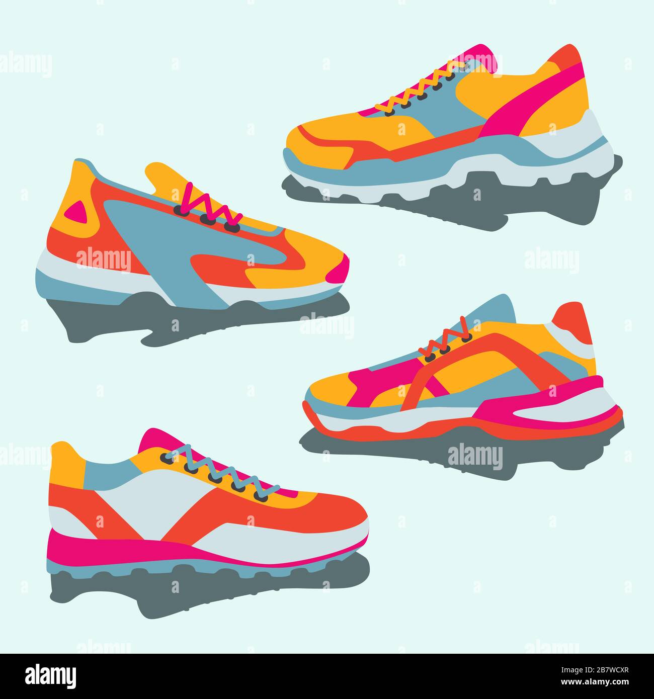 Set di sneaker colorate gialle rosa blu arancio. Illustrazione piatta vettoriale. Semplice illustrazione di fitness e sport, scarpe da palestra. Illustrazione Vettoriale