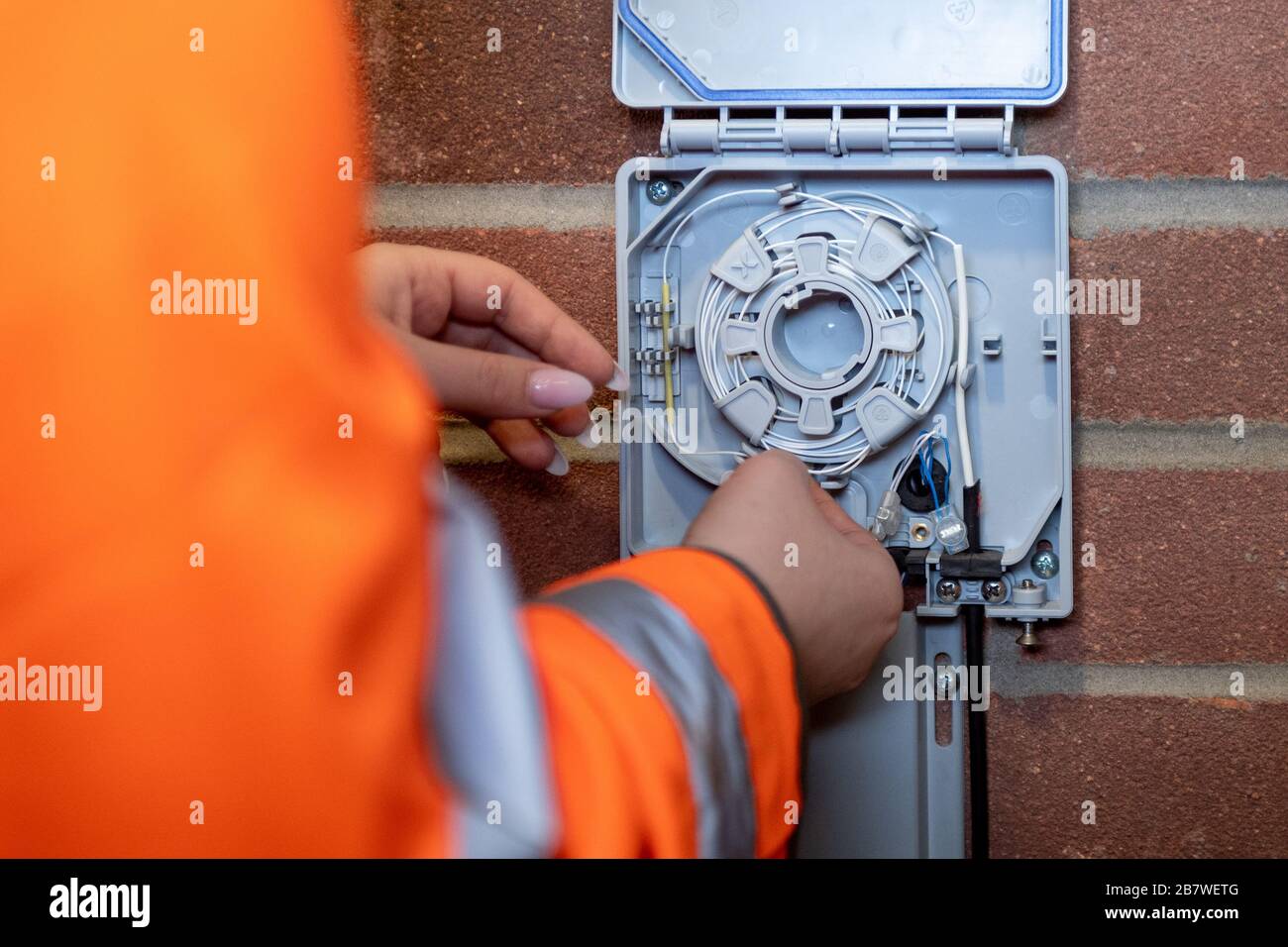 Un terminale a banda larga Openreach all'esterno dell'hotel presso il centro di formazione Openreach di Peterborough Foto Stock
