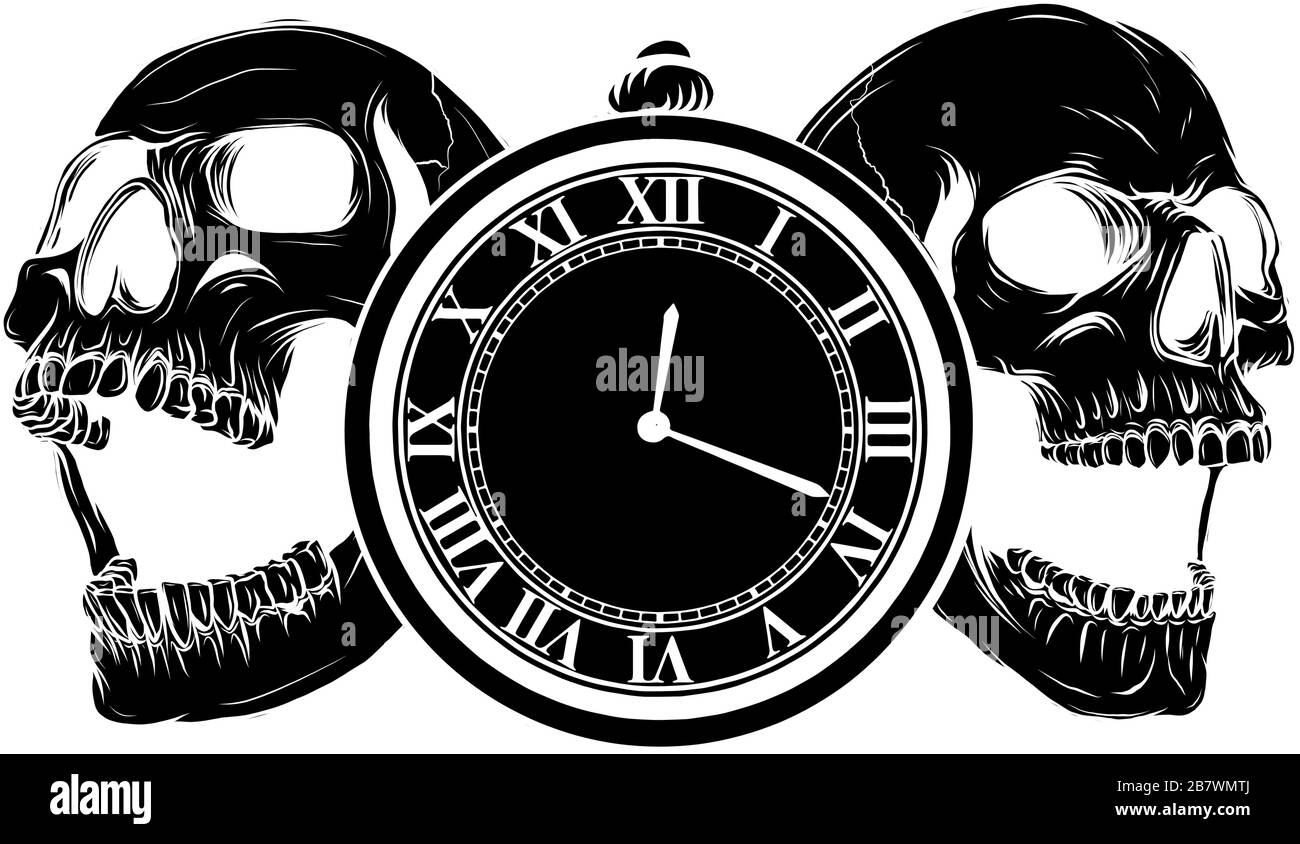 Orologio tascabile con cranio umano, Concetto Di Tempo e morte. Illustrazione linea art. Illustrazione Vettoriale