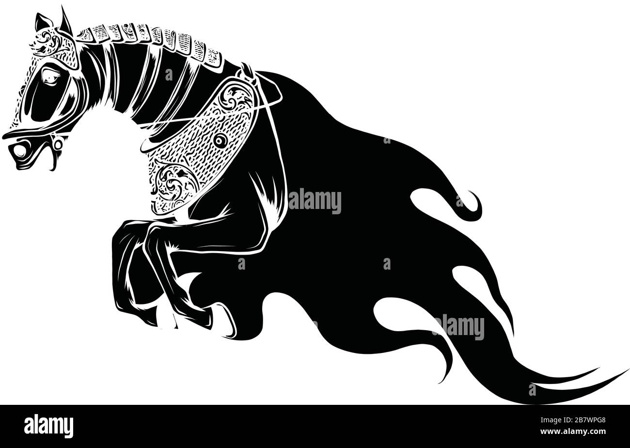 Cavallo fuoco o simbolo diavolo stallone con testa di un cavallo arrabbiato con arancione brillante e rosso fiammeggiante mana. Illustrazione Vettoriale