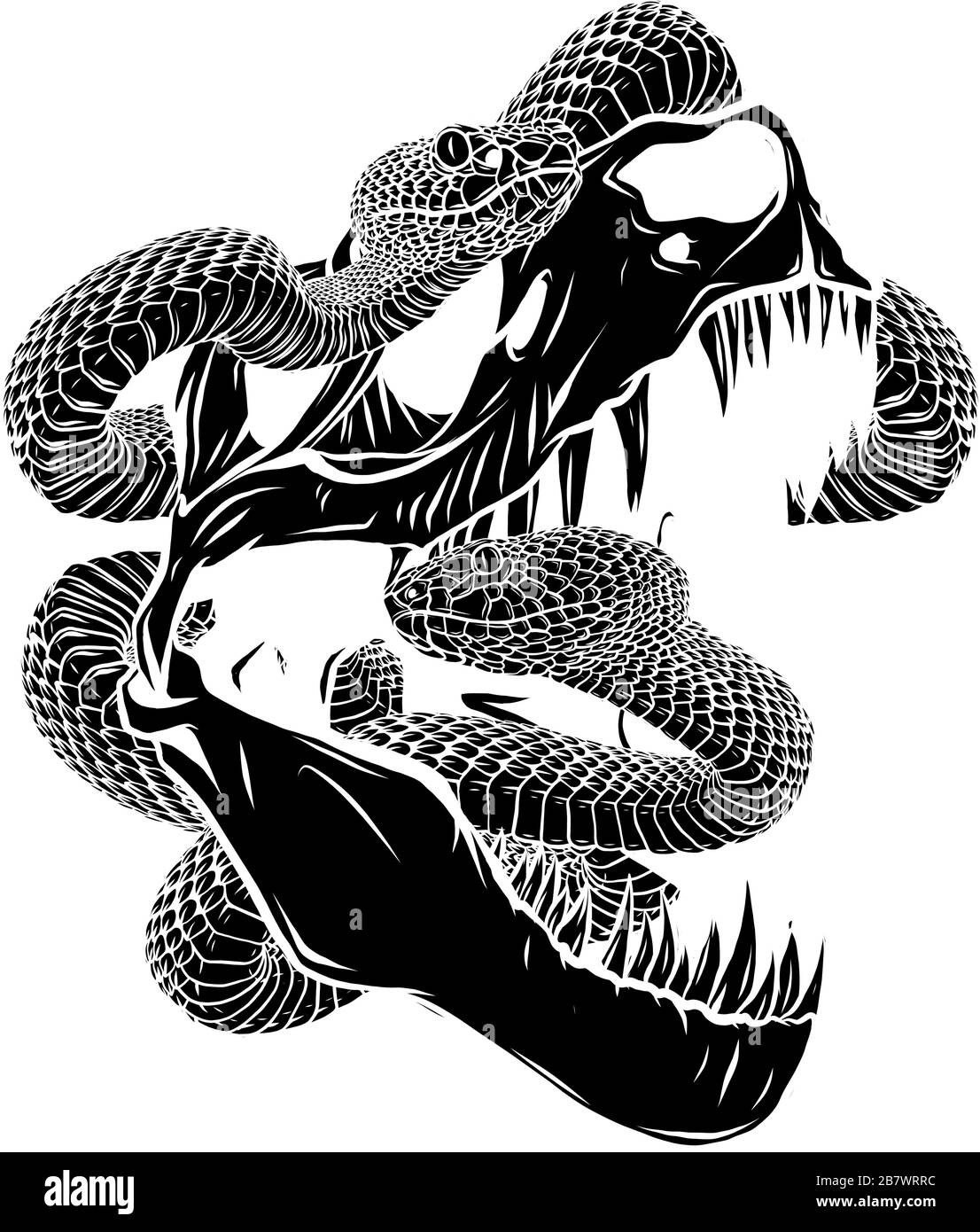 Scheletro vettoriale di Tyrannosaurus rex T-rex con serpenti su sfondo isolato . Illustrazione Vettoriale