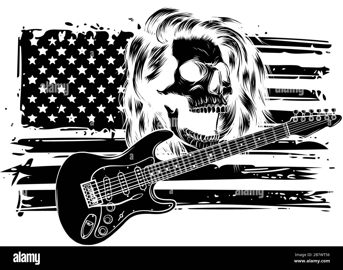 Cranio umano e chitarra elettrica. Simbolo del rock, festival musicali Illustrazione Vettoriale