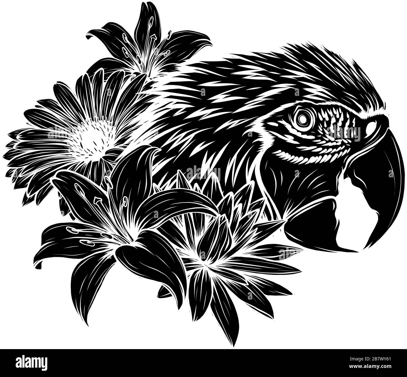 Pappagalli luminosi su un ramo con fiori tropicali Illustrazione Vettoriale