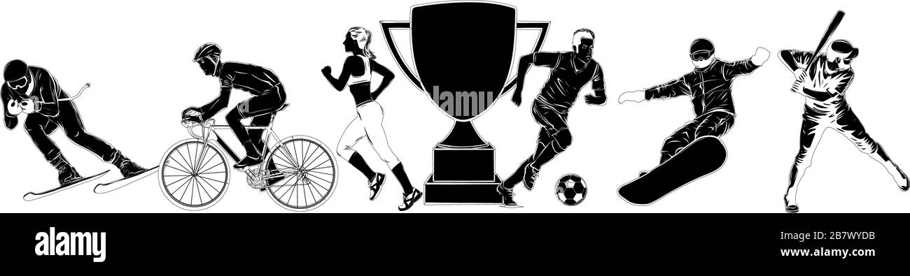 Sport, insieme di atleti di varie discipline sportive. Silhouette vettoriali isolate. Illustrazione Vettoriale