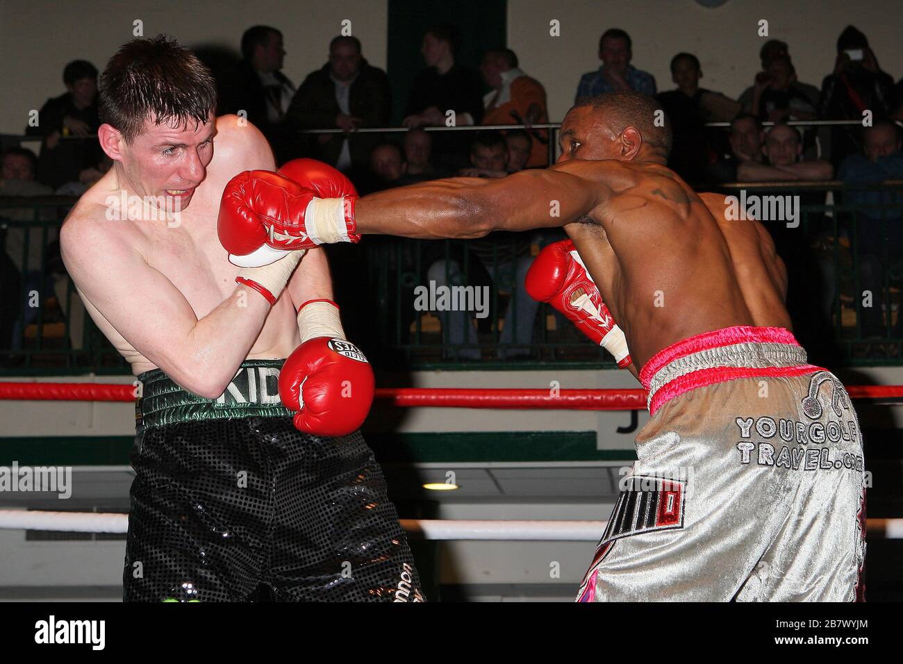 Darren Hamilton (pantaloncini argento/rosa) sconfigge Peter McDonagh in un concorso di boxe LightWelterweight per il Southern Area Title a York Hall, Bethnal Gr Foto Stock