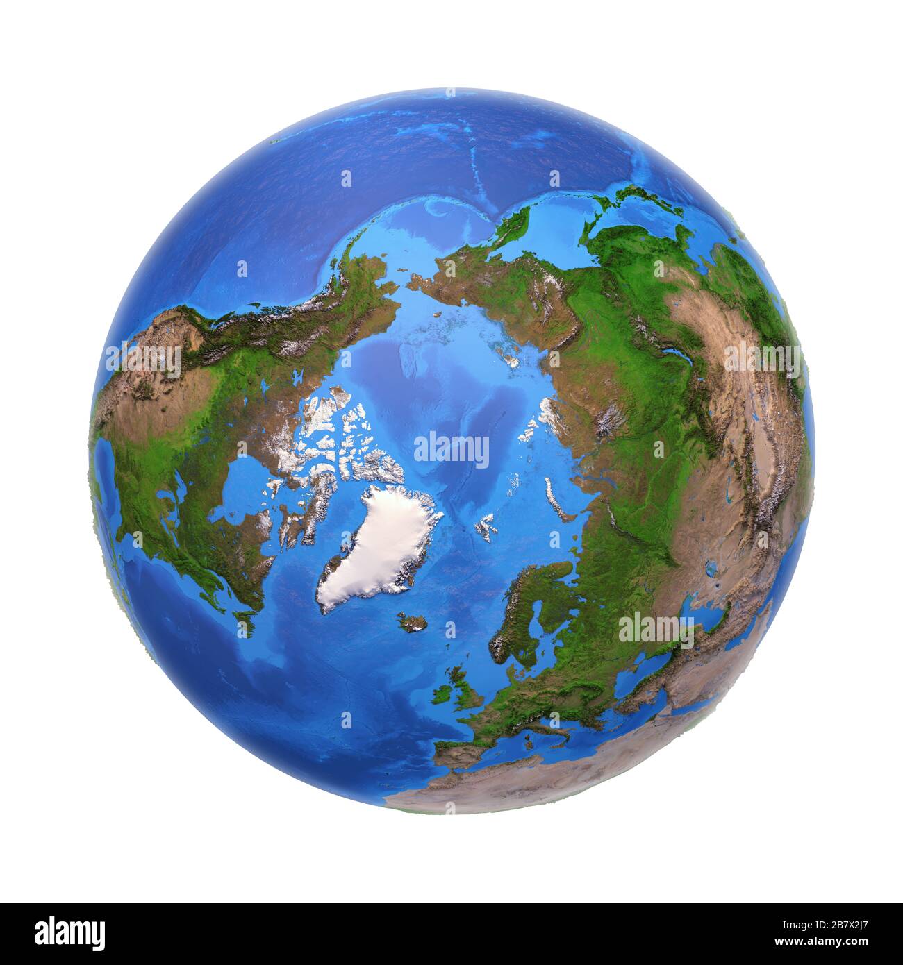 Regione artica vista da un satellite. Mappa fisica del Polo Nord in estate, agosto. Illustrazione in 3D del pianeta Terra isolata su bianco, con urto elevato Foto Stock