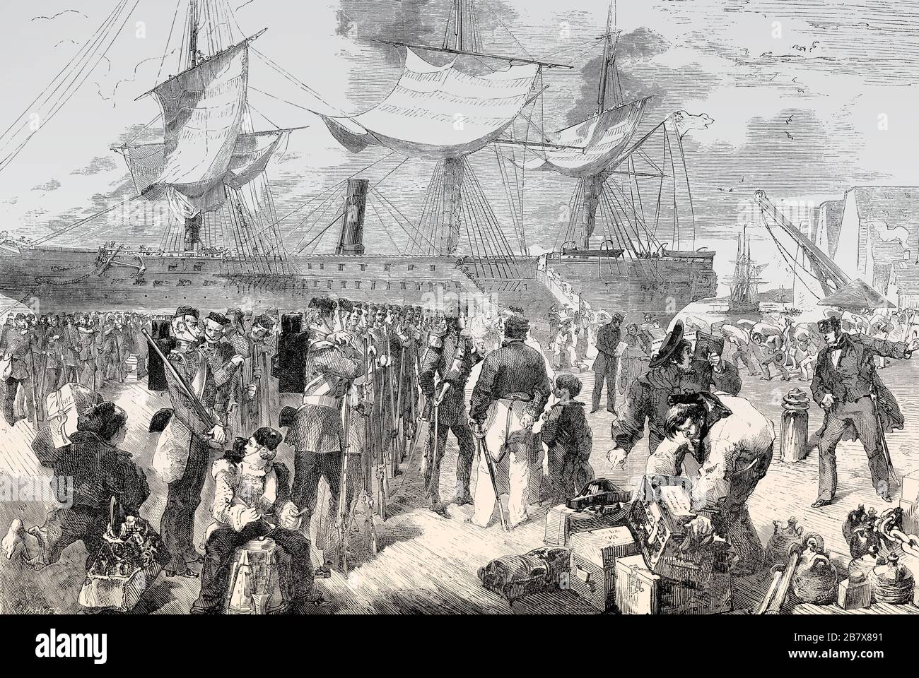 Imbarco dei soldati a Portsmouth, Hampshire, Inghilterra, ribellione indiana del 1857 Foto Stock