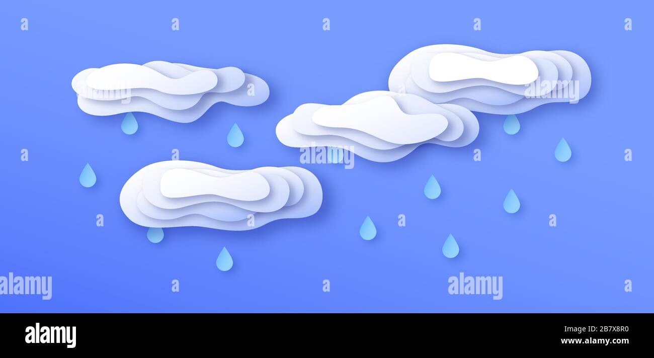 Carta tagliato nuvole tempesta con gocce d'acqua piovose su sfondo blu isolato cielo. Il paesaggio naturale del mestiere a strati in carta 3D per il cambiamento climatico o il clima Illustrazione Vettoriale