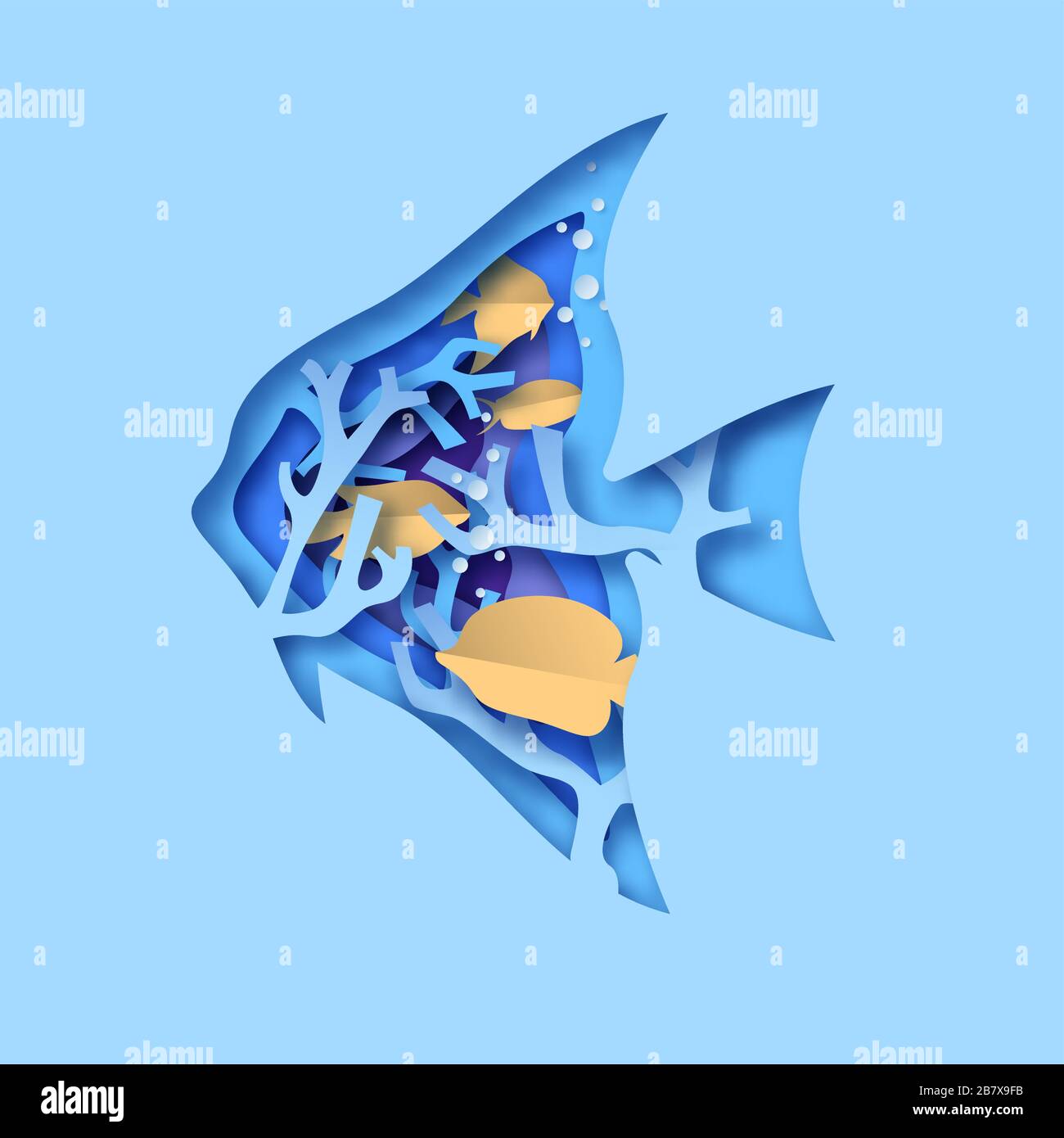 Pesce marino illustrazione a libro della barriera corallina colorata con vita dell'oceano, sfondo tagliato dell'acqua di mare. Design 3D con taglio di carta per animali selvatici esotici Illustrazione Vettoriale