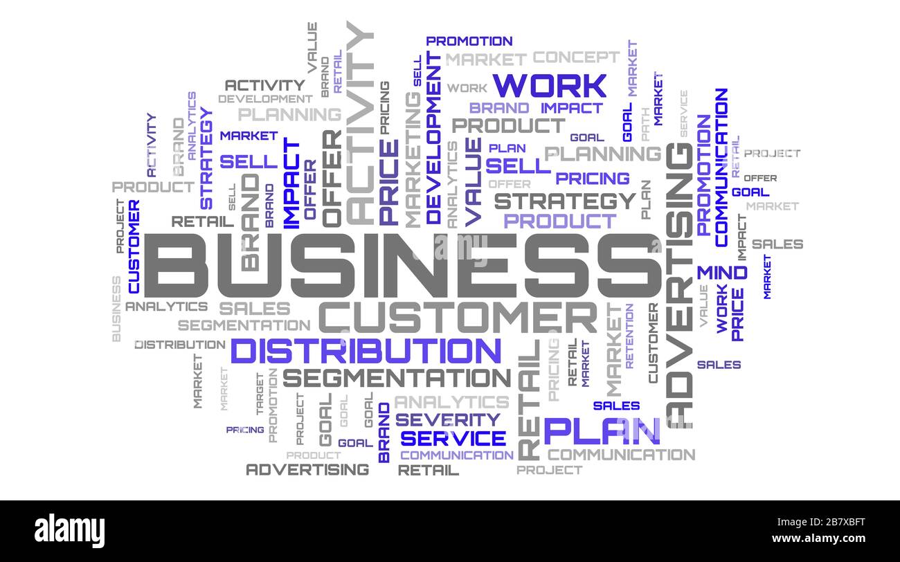 Collage di parole su sfondo bianco. Bella carta da parati blu business art Foto Stock