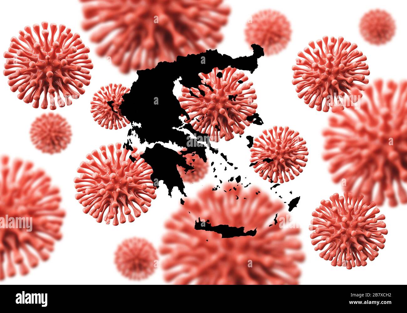 La Grecia mappa su un background di microbo virus scientifico. Rendering 3D Foto Stock