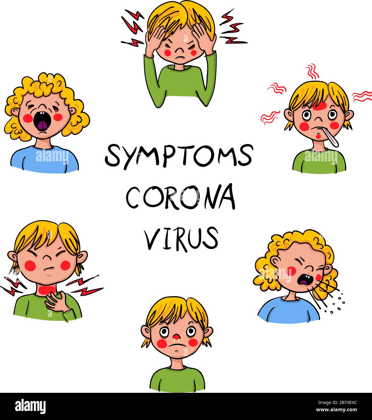 Che mostra i sintomi di Covid-19 per i bambini come febbre, tosse, cefalea-coronavirus-SARS-cov-2- illustrazione del vettore disegnata a mano Illustrazione Vettoriale