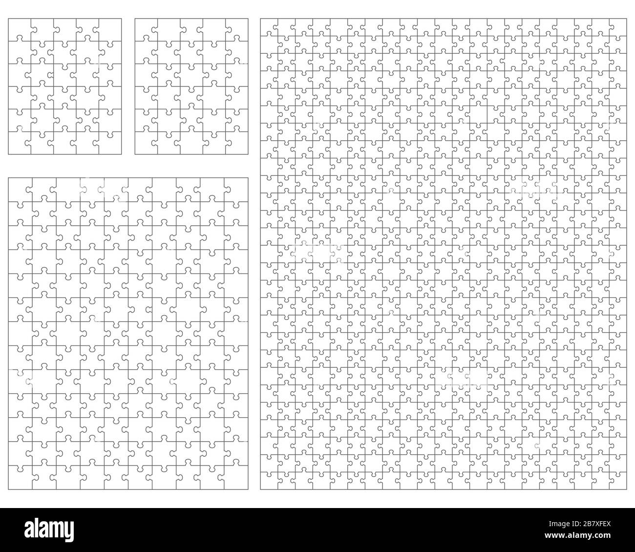 Illustrazione di quattro puzzle bianchi, pezzi separati Foto Stock