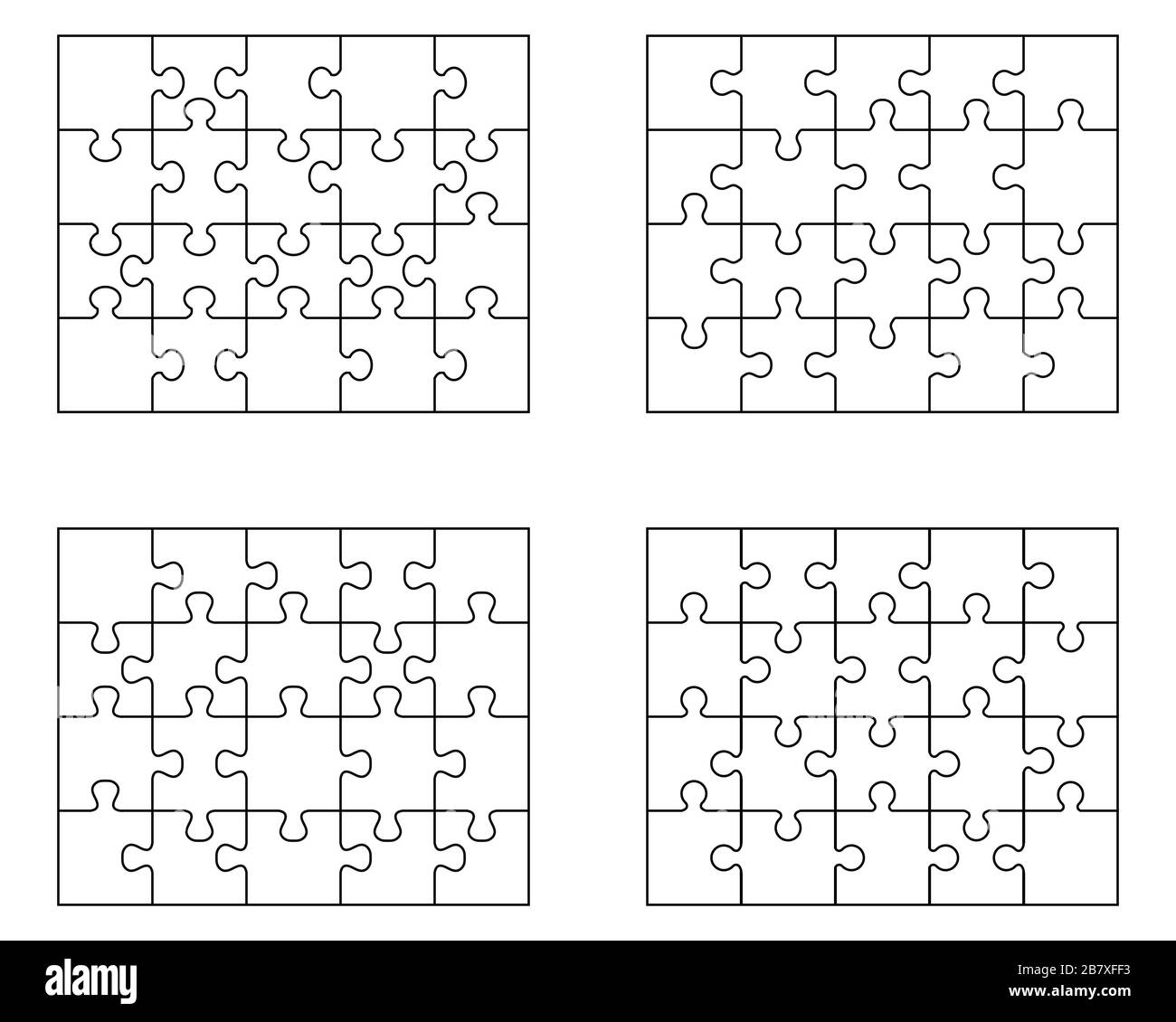 Illustrazione di quattro puzzle bianchi, pezzi separati Foto Stock