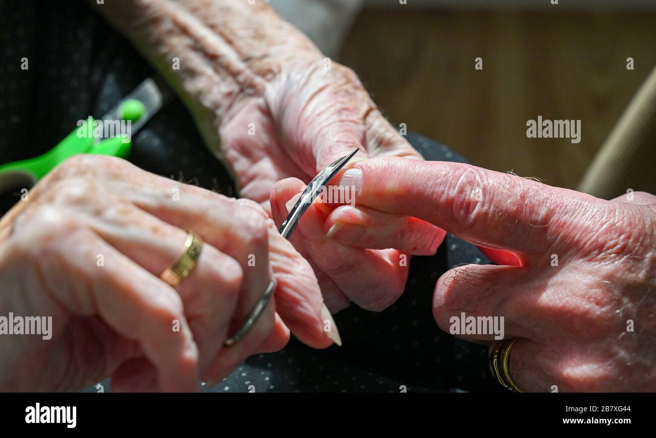 Coppia anziana nei loro anni '80 tagliando le unghie del dito l'un l'altro a casa Foto Stock